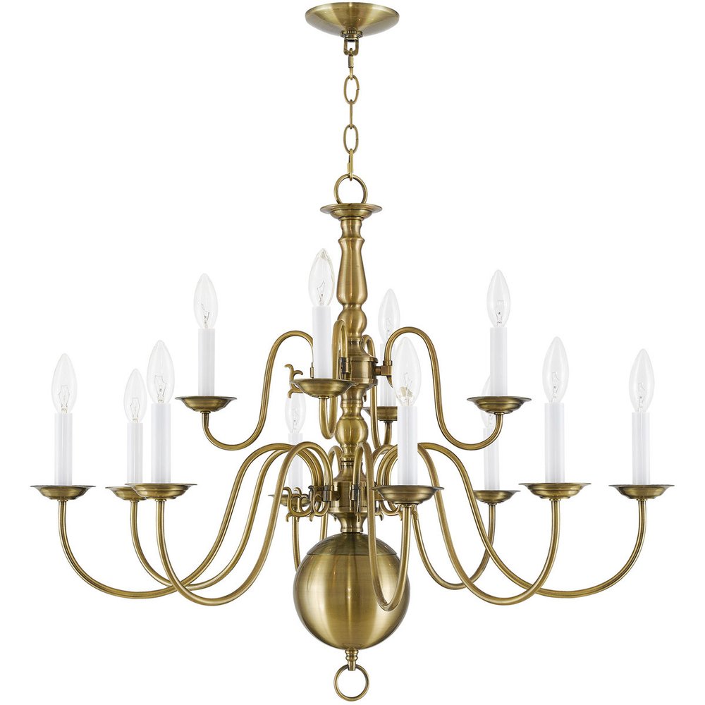 Antiqued Brass Twelve Light Metal Dimmable Chandelier With Shades