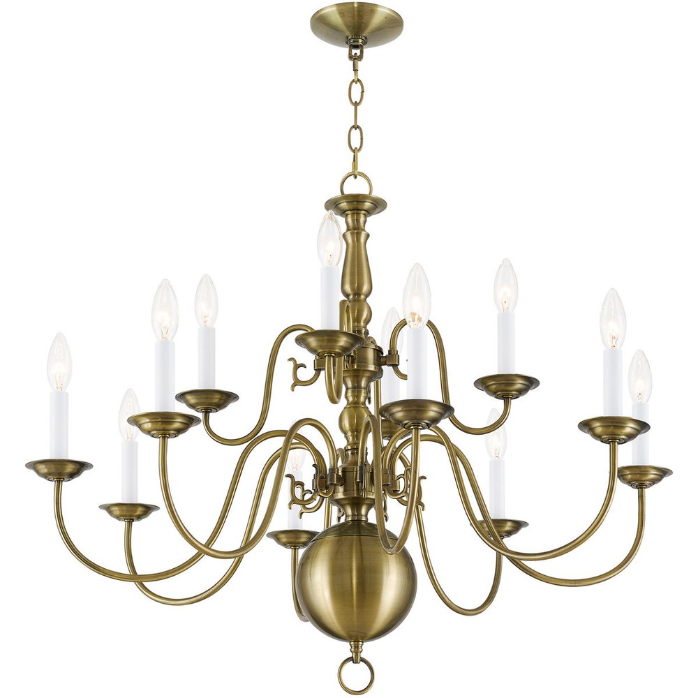 Antiqued Brass Twelve Light Metal Dimmable Chandelier With Shades