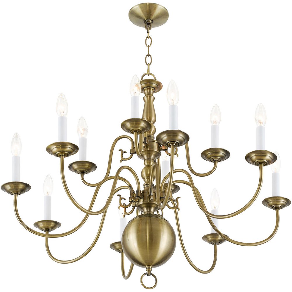 Antiqued Brass Twelve Light Metal Dimmable Chandelier With Shades