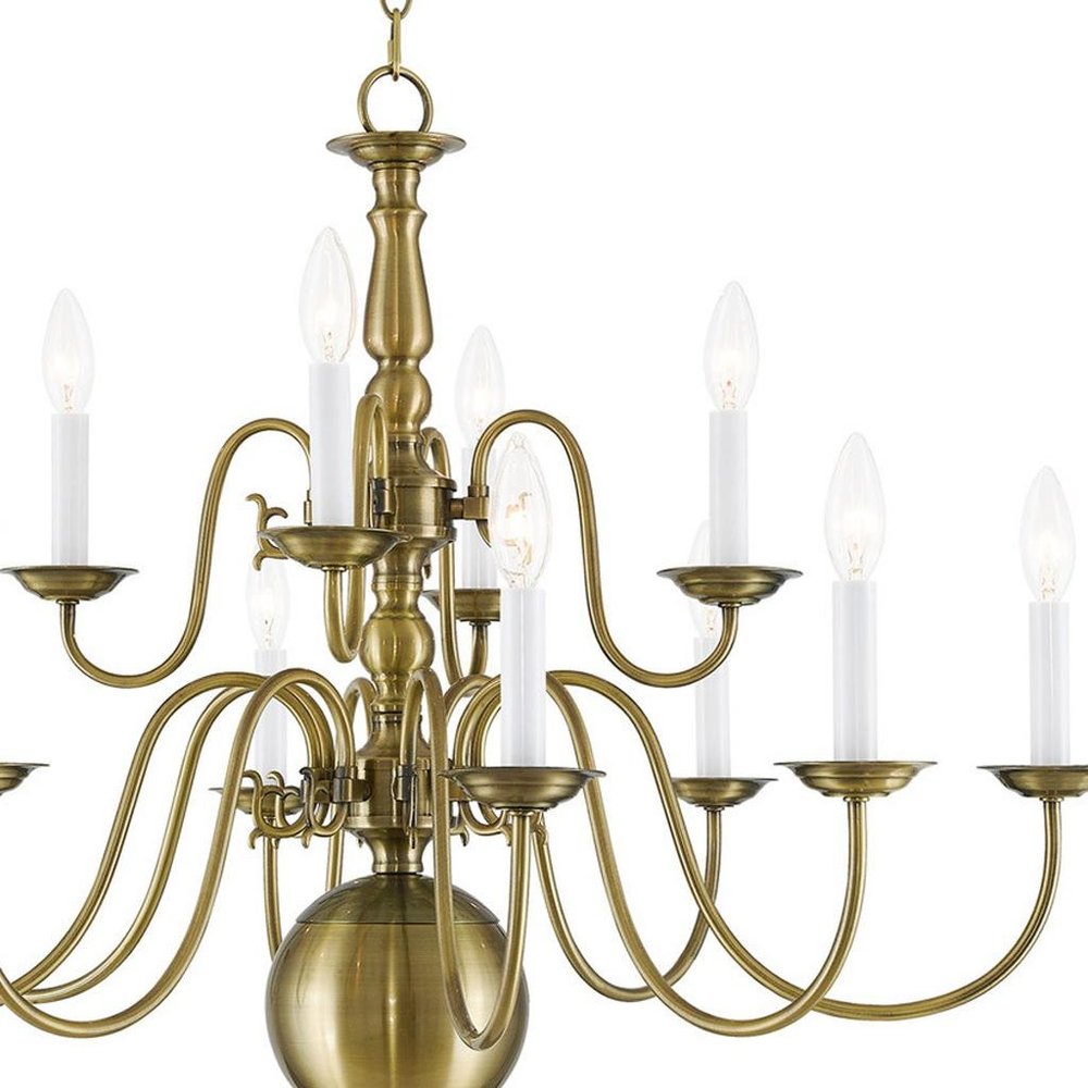 Antiqued Brass Twelve Light Metal Dimmable Chandelier With Shades