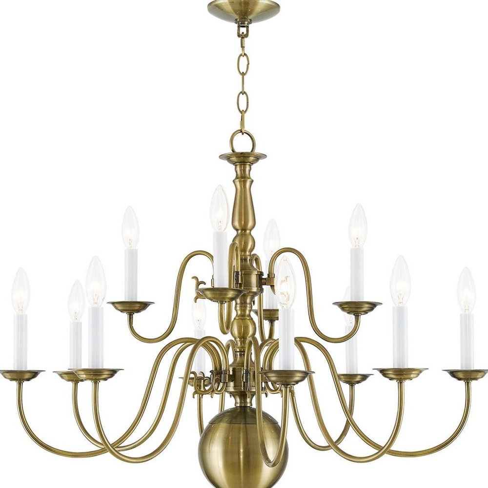 Antiqued Brass Twelve Light Metal Dimmable Chandelier With Shades