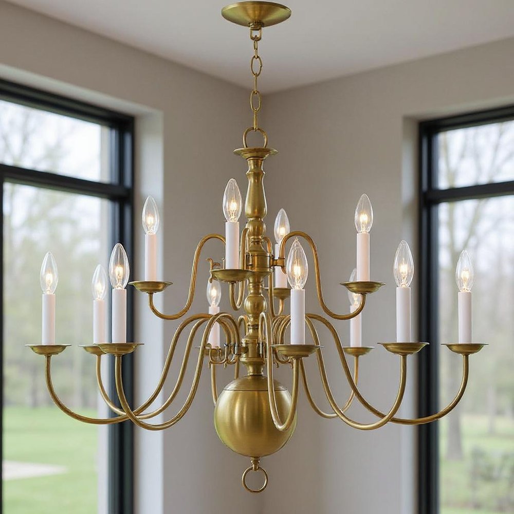 Antiqued Brass Twelve Light Metal Dimmable Chandelier With Shades