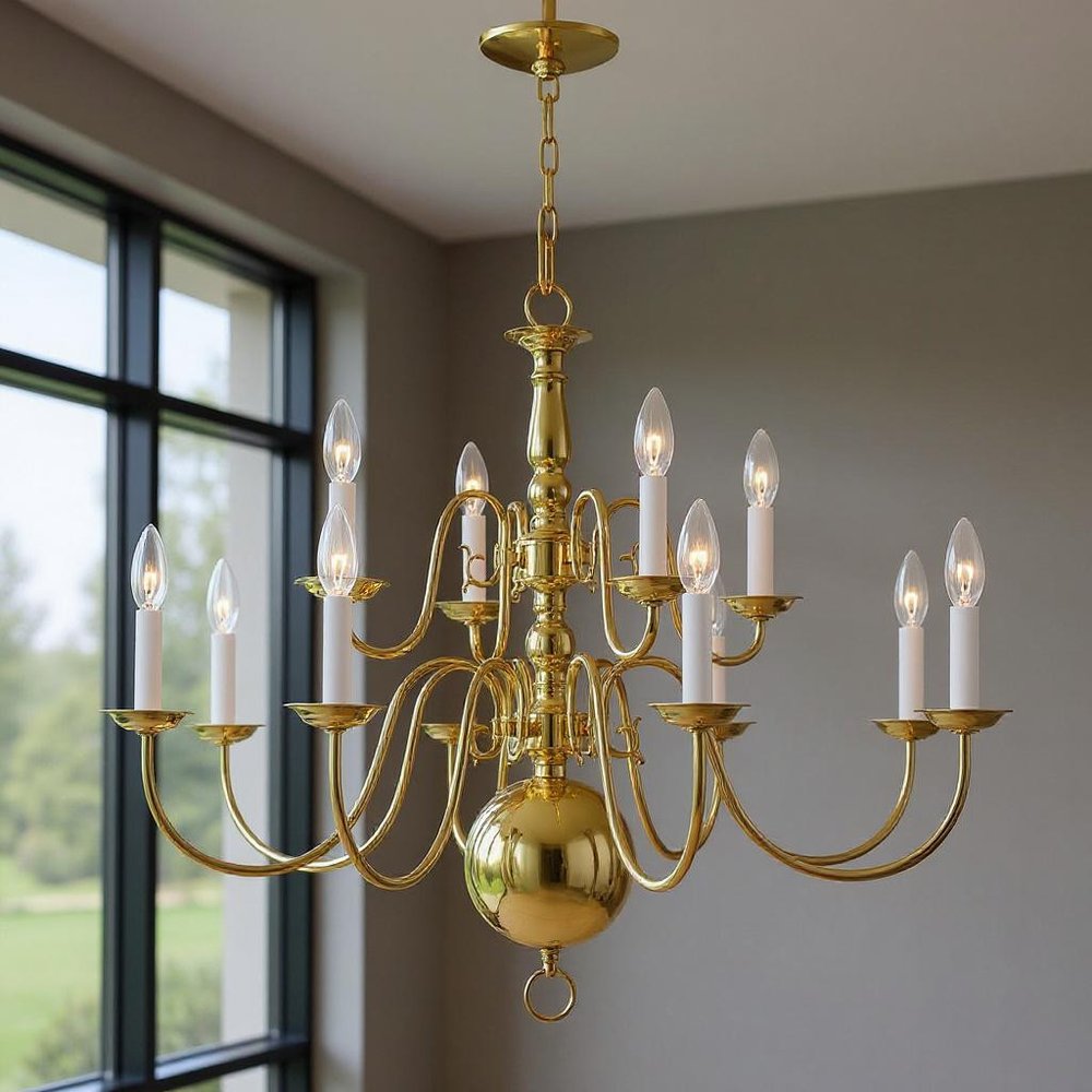 Brass Twelve Light Metal Dimmable Chandelier With Shades