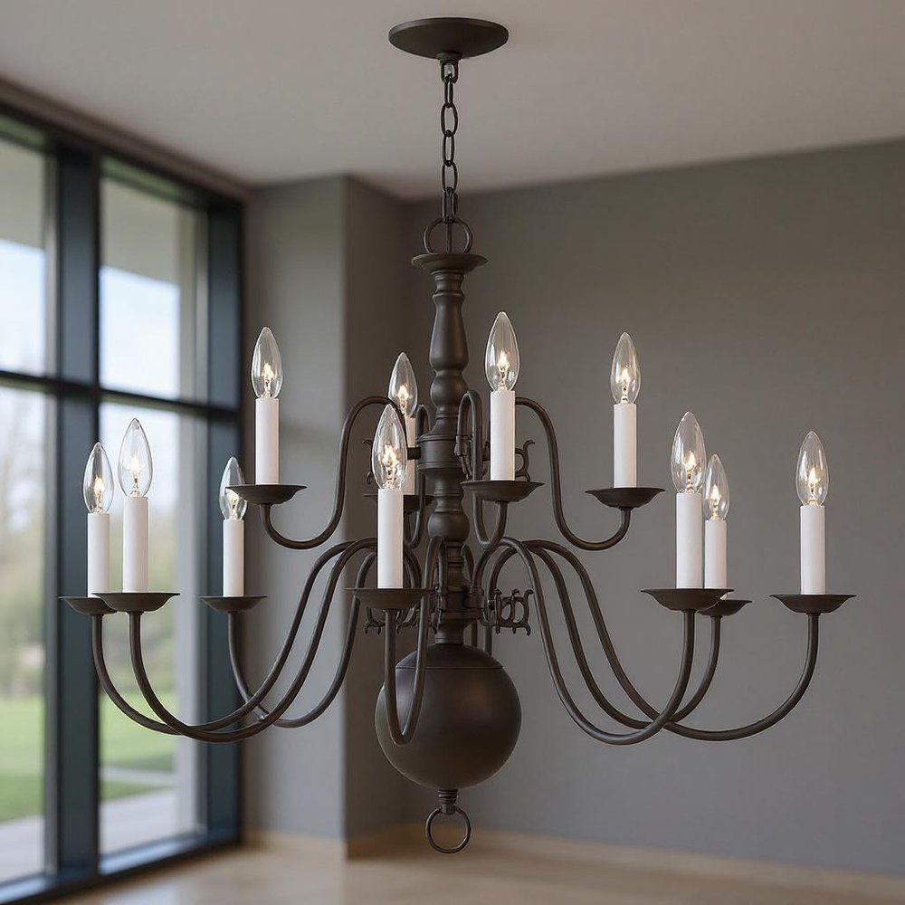 Bronze Twelve Light Metal Dimmable Chandelier With Shades