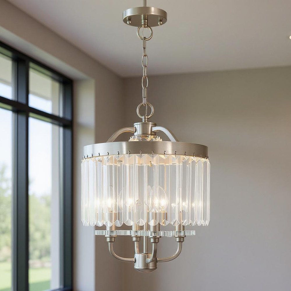 Nickel Four Light Metal Dimmable Chandelier With Shades