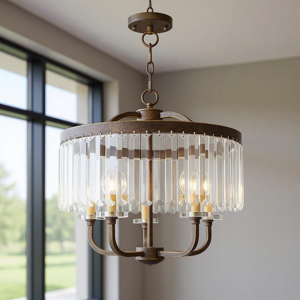 Bronze Five Light Metal Dimmable Chandelier With Shades