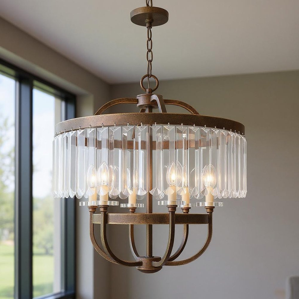 Bronze Six Light Metal Dimmable Chandelier With Shades