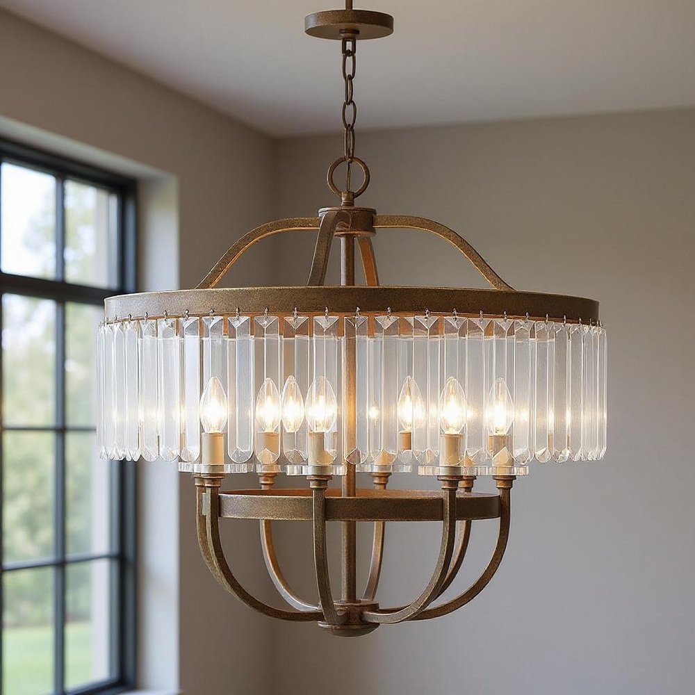 Bronze Eight Light Metal Dimmable Chandelier With Shades