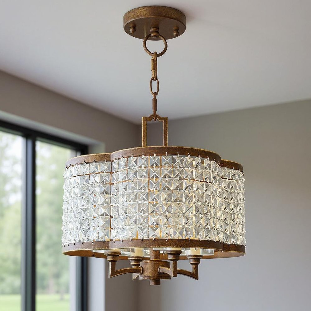 Bronze Four Light Metal Dimmable Chandelier With Shades