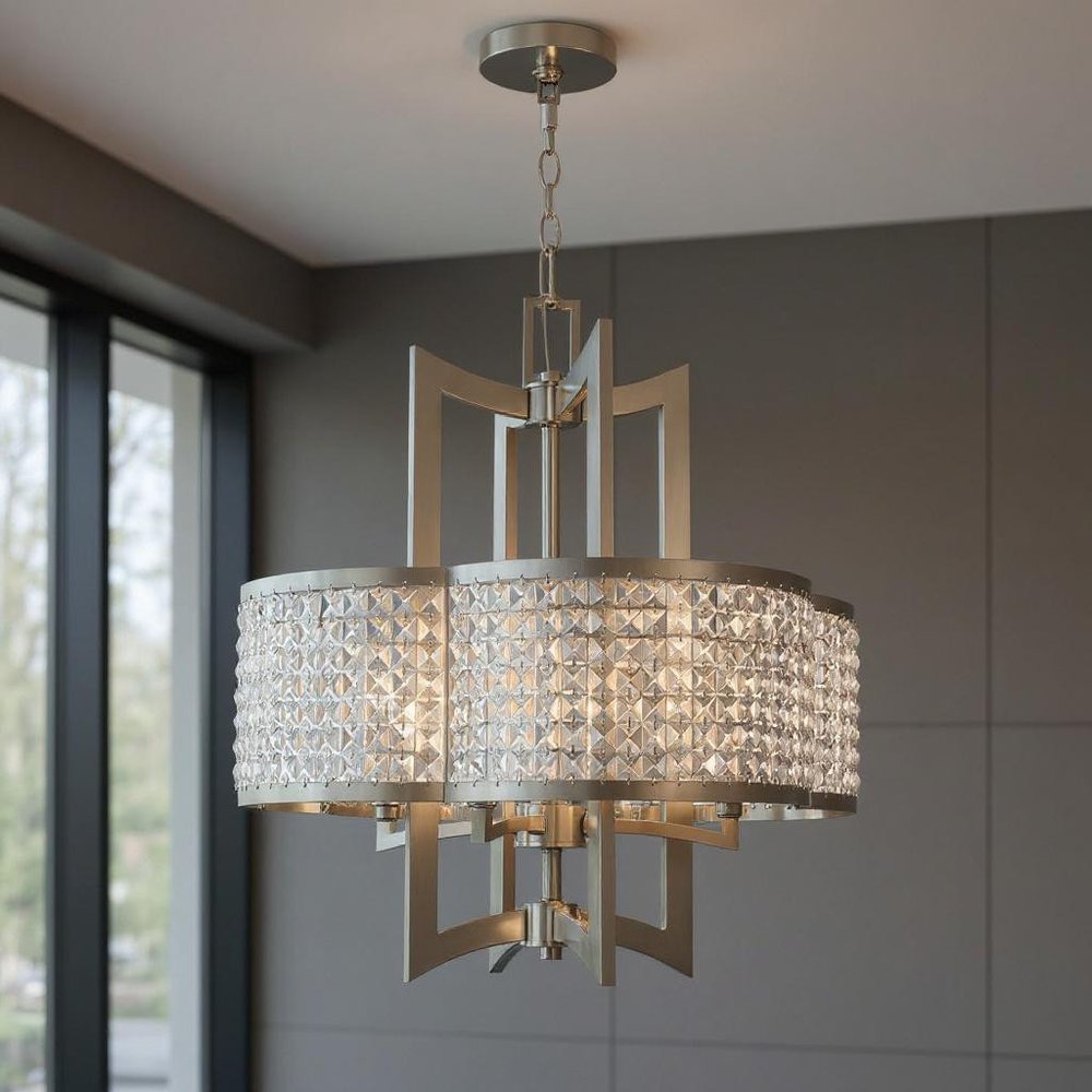 Nickel Four Light Metal Dimmable Chandelier With Shades