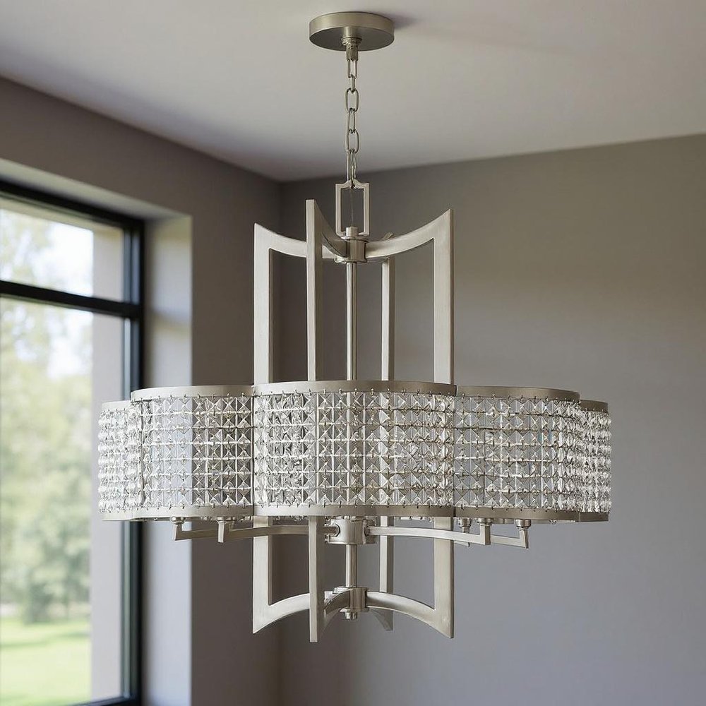 Nickel Eight Light Metal Dimmable Chandelier With Shades