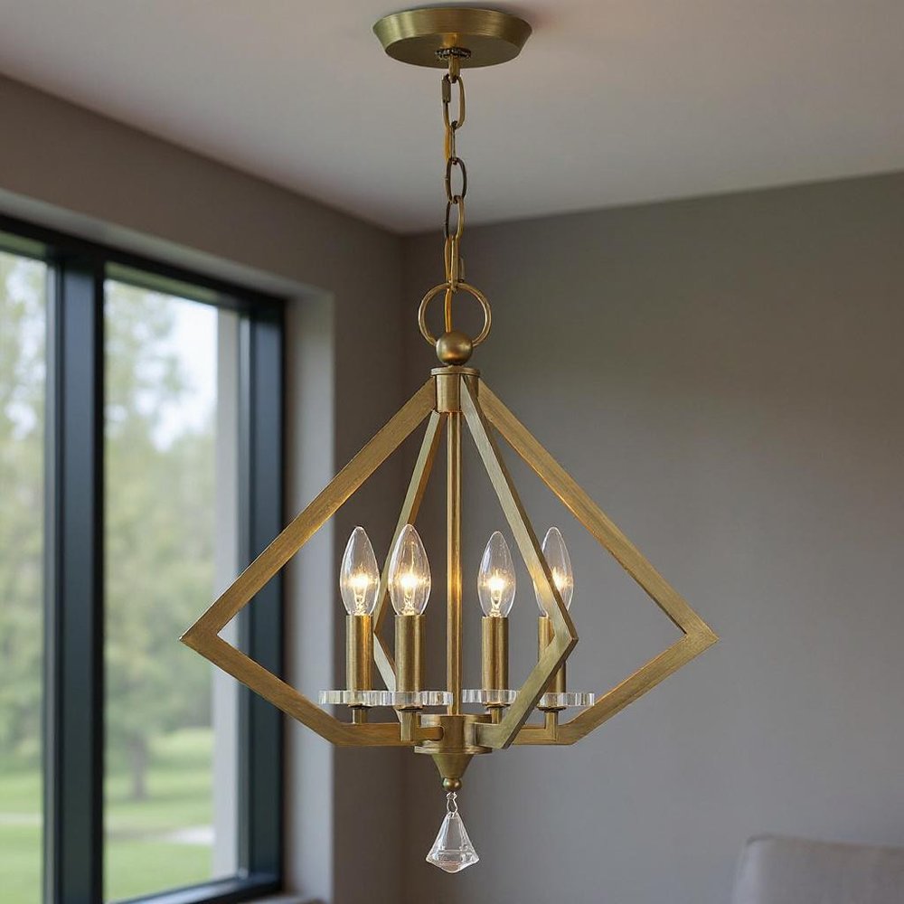 Antiqued Brass Four Light Metal Dimmable Chandelier With Shades