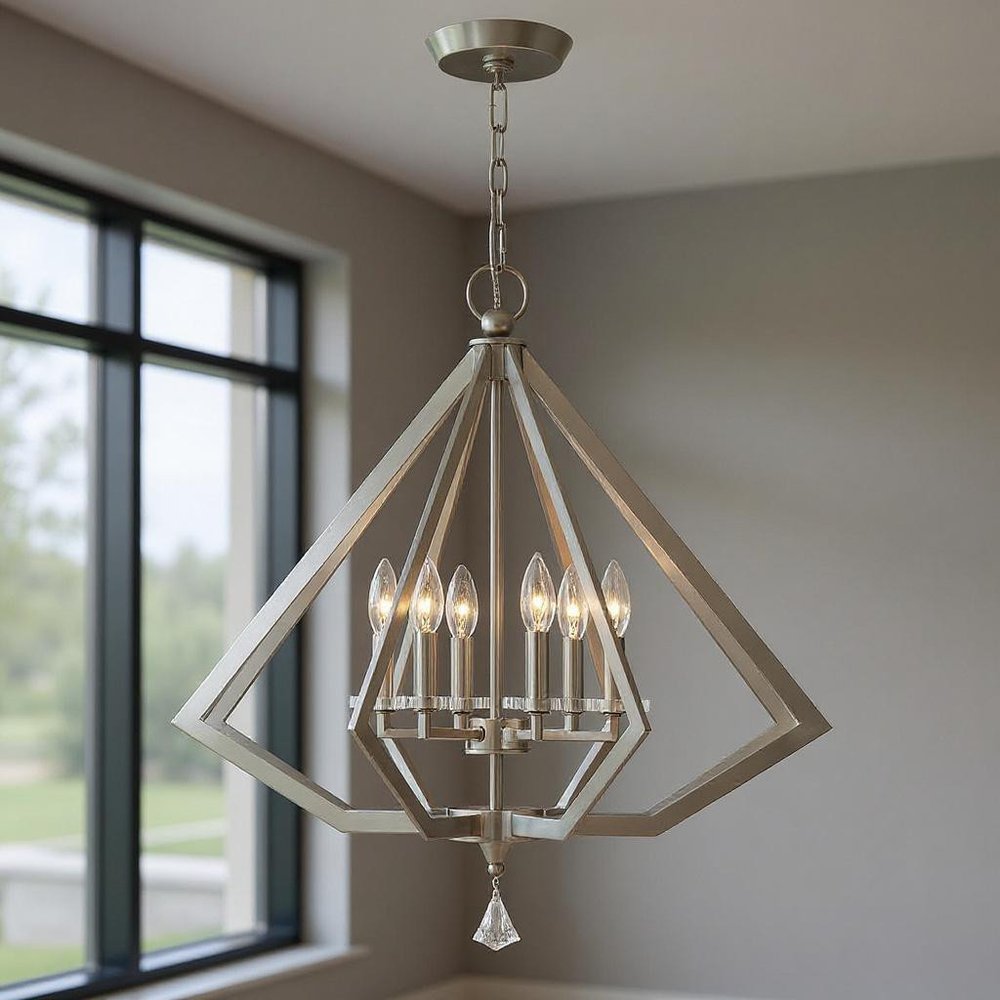 Nickel Six Light Metal Dimmable Chandelier With Shades