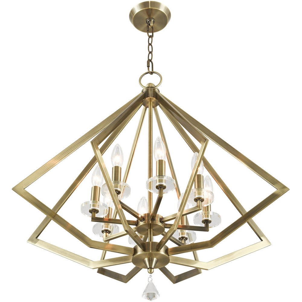 Antiqued Brass Eight Light Metal Dimmable Chandelier With Shades