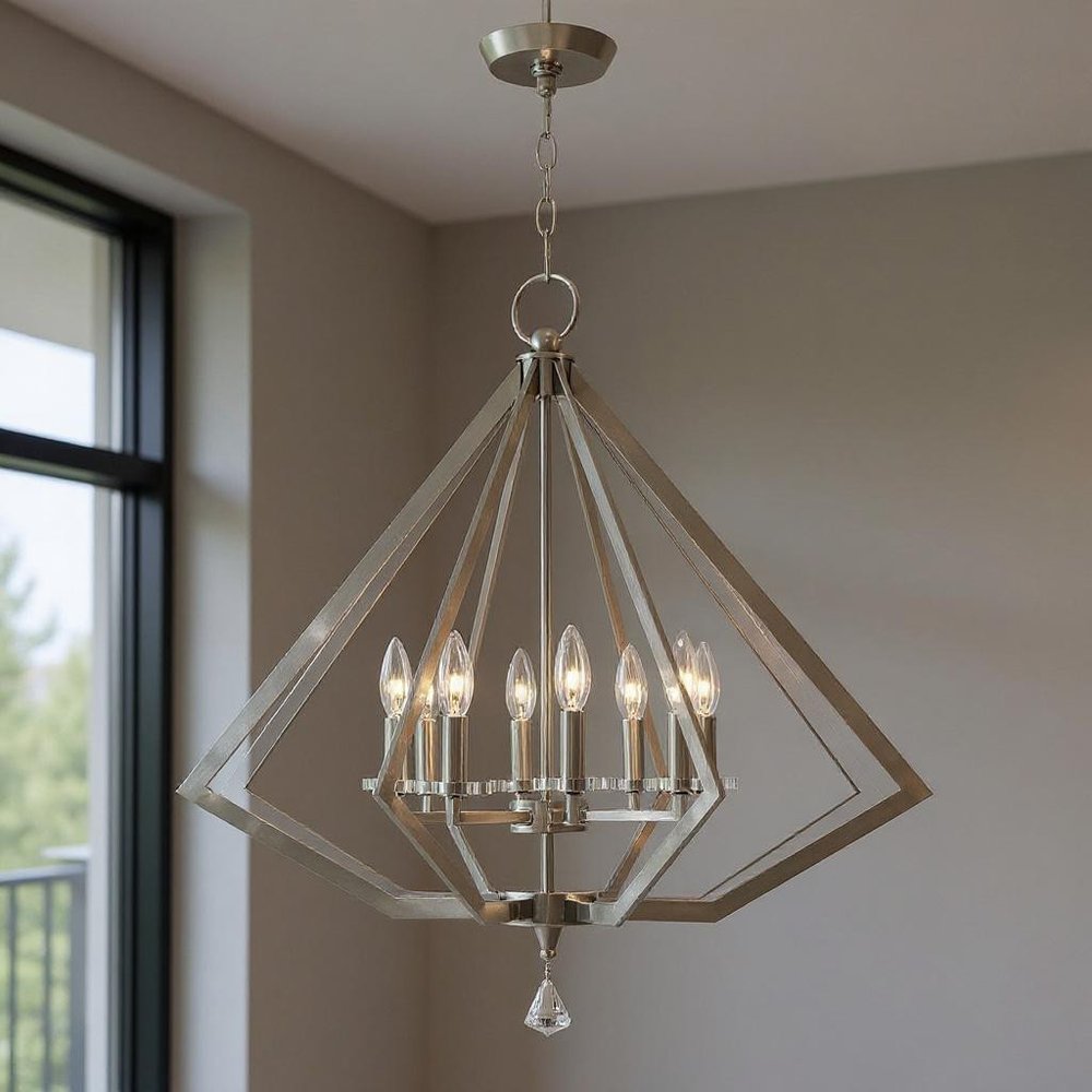 Nickel Eight Light Metal Dimmable Chandelier With Shades