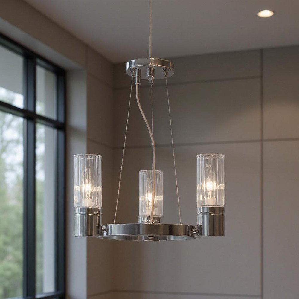 Silver Three Light Metal Dimmable Chandelier With Shades