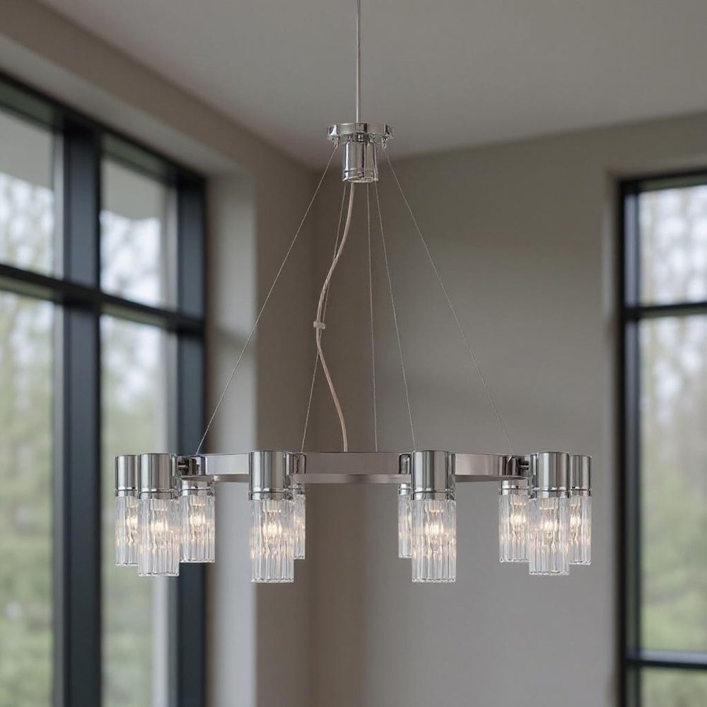 Silver Ten Light Metal Dimmable Chandelier With Shades