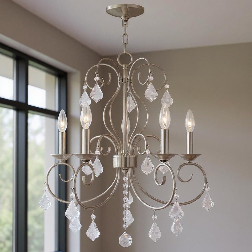 Nickel Five Light Metal Dimmable Chandelier With Shades