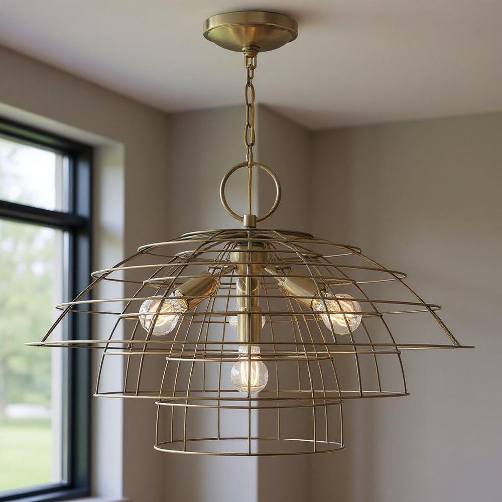 Antiqued Brass Four Light Metal Dimmable Chandelier With Shades