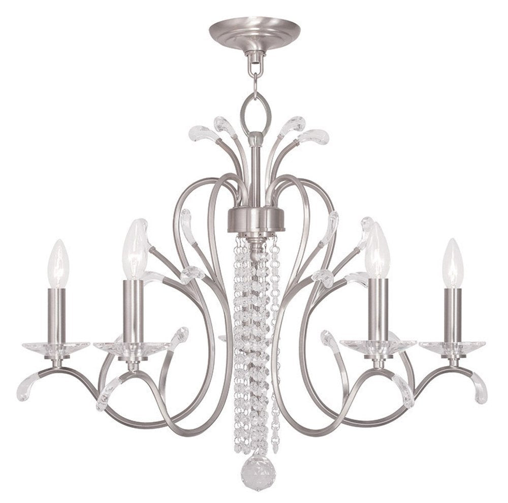 Nickel And Clear Five Light Metal Dimmable Chandelier With Shades
