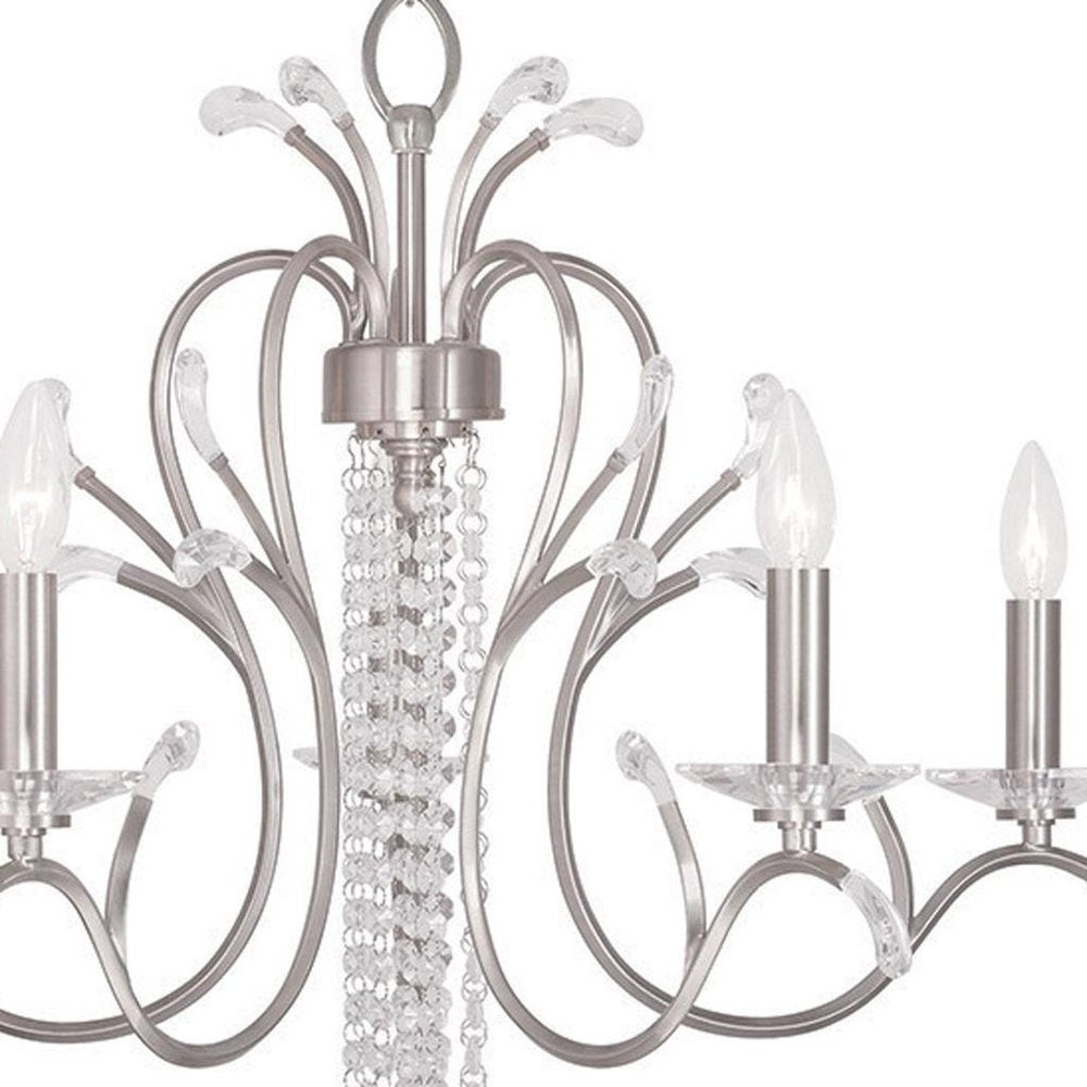 Nickel And Clear Five Light Metal Dimmable Chandelier With Shades