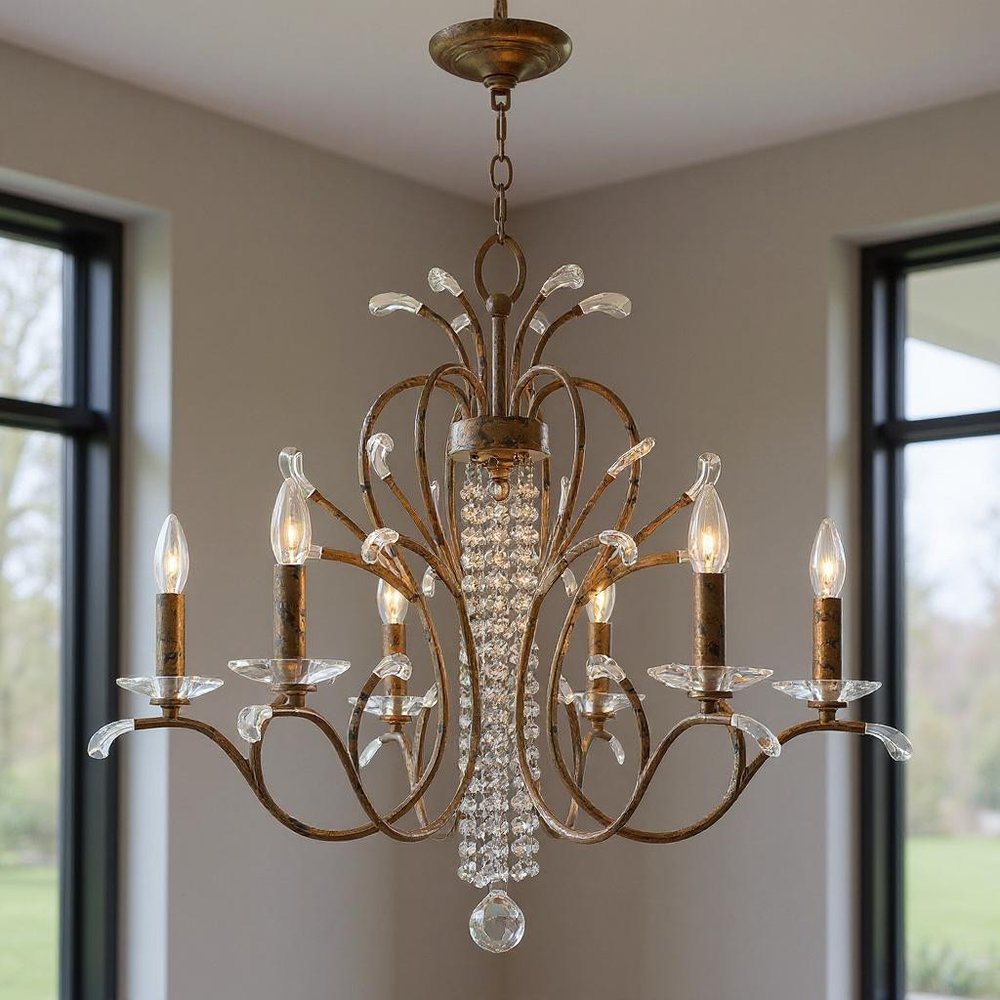 Bronze Six Light Metal Dimmable Chandelier With Shades