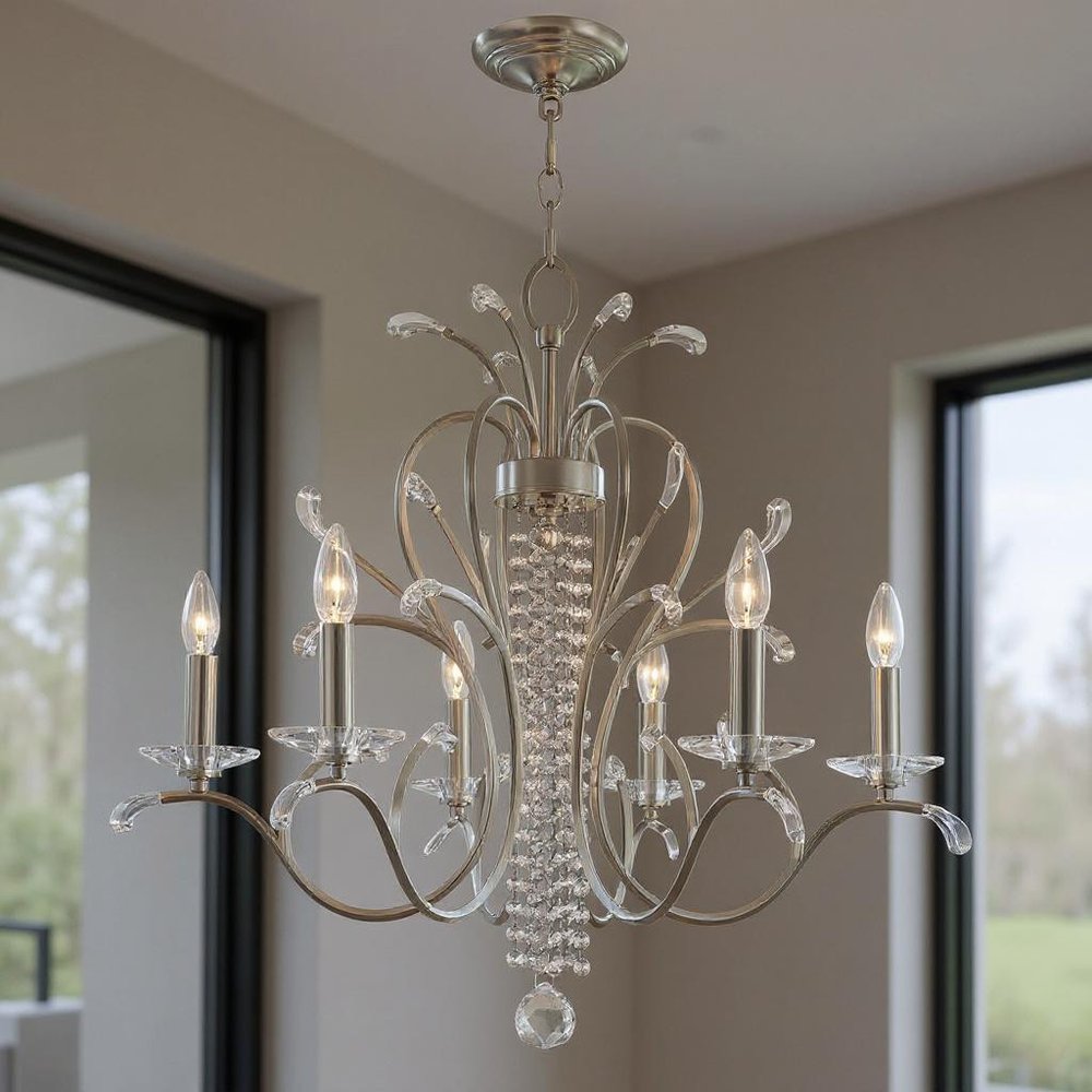 Nickel Six Light Metal Dimmable Chandelier With Shades