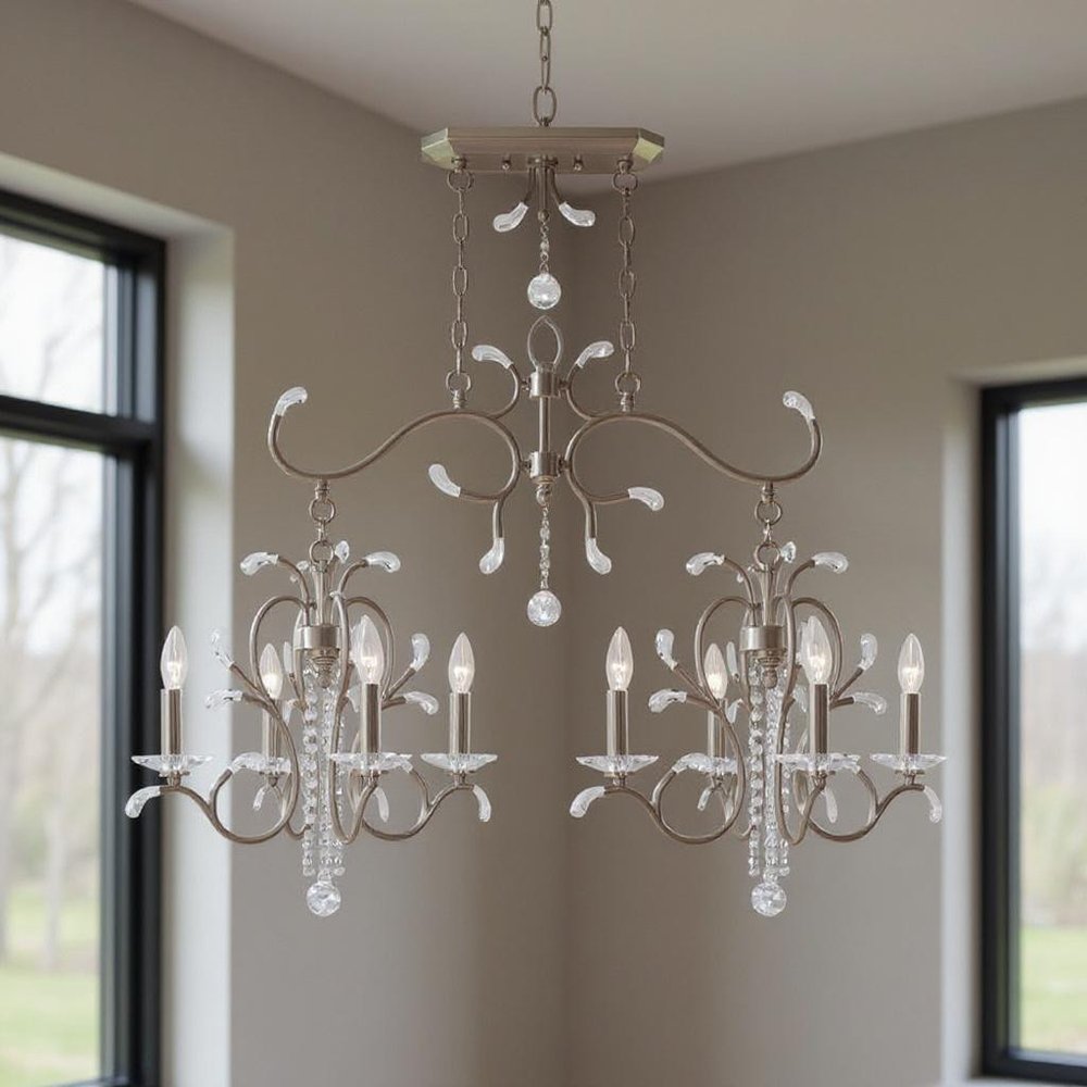 Nickel And Clear Eight Light Metal Dimmable Chandelier With Shades
