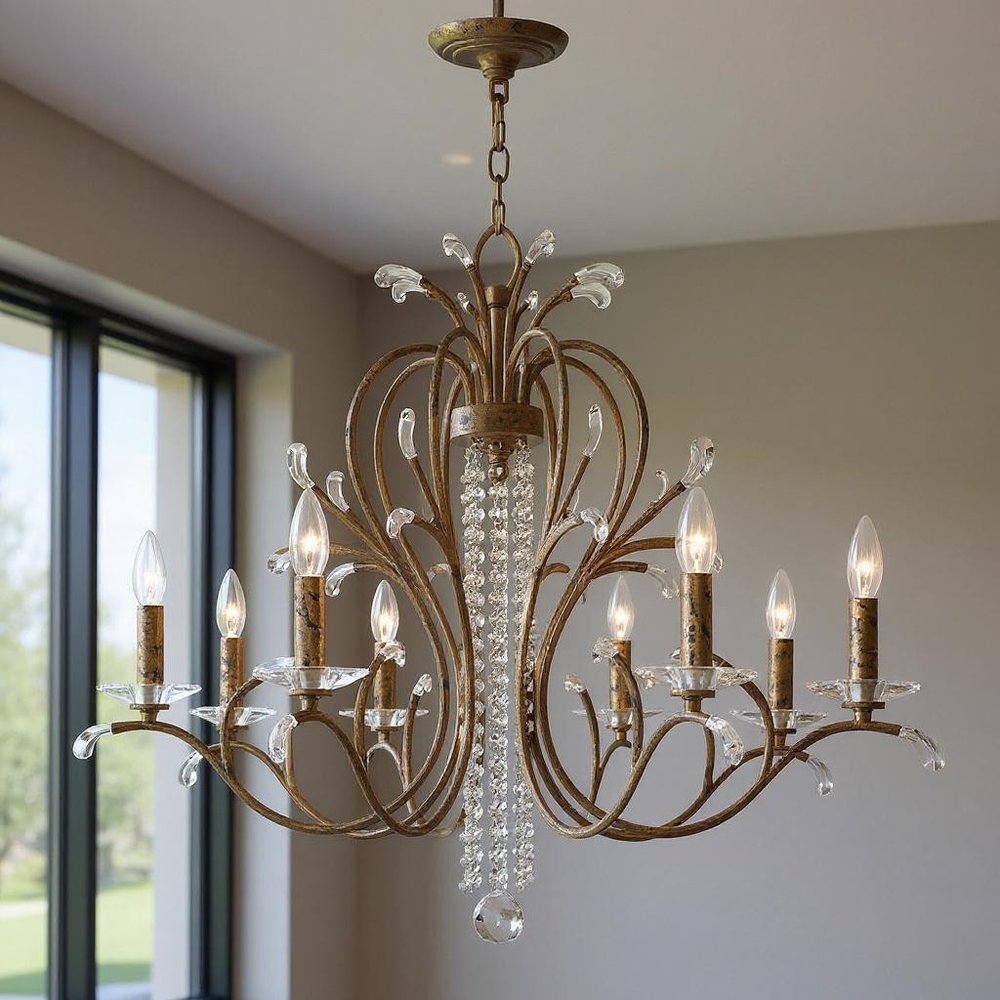 Bronze Eight Light Metal Dimmable Chandelier With Shades
