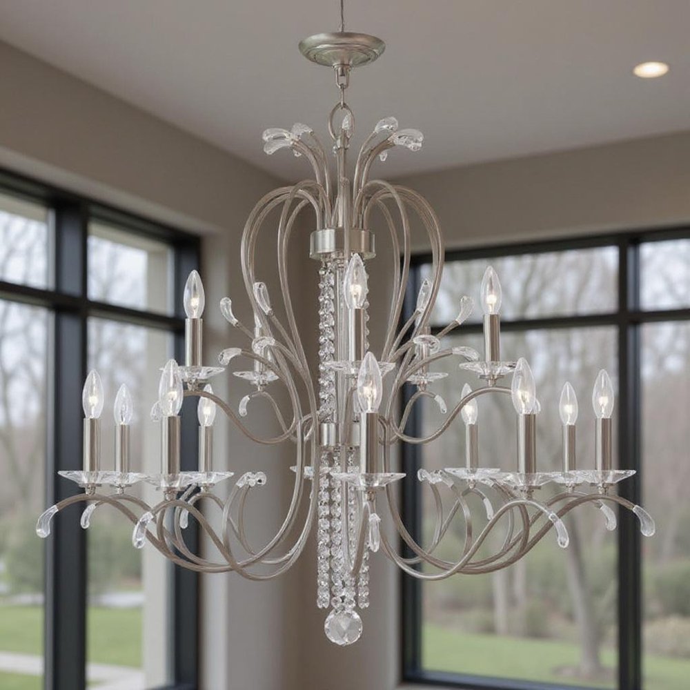 Nickel And Clear Multi Light Metal Dimmable Chandelier With Shades