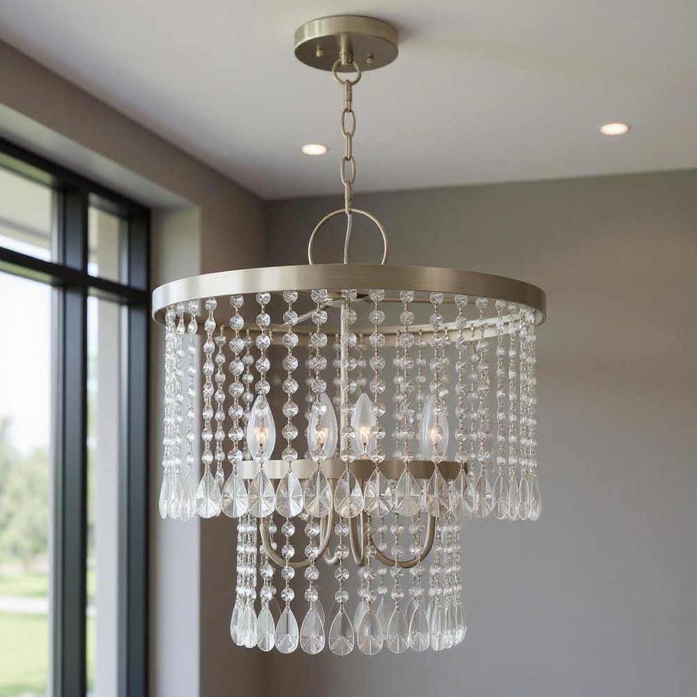 Nickel Four Light Metal Dimmable Chandelier With Shades