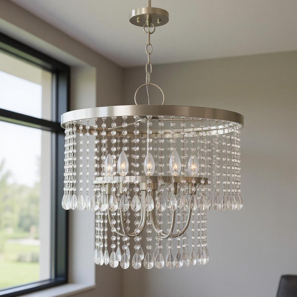 Nickel Five Light Metal Dimmable Chandelier With Shades