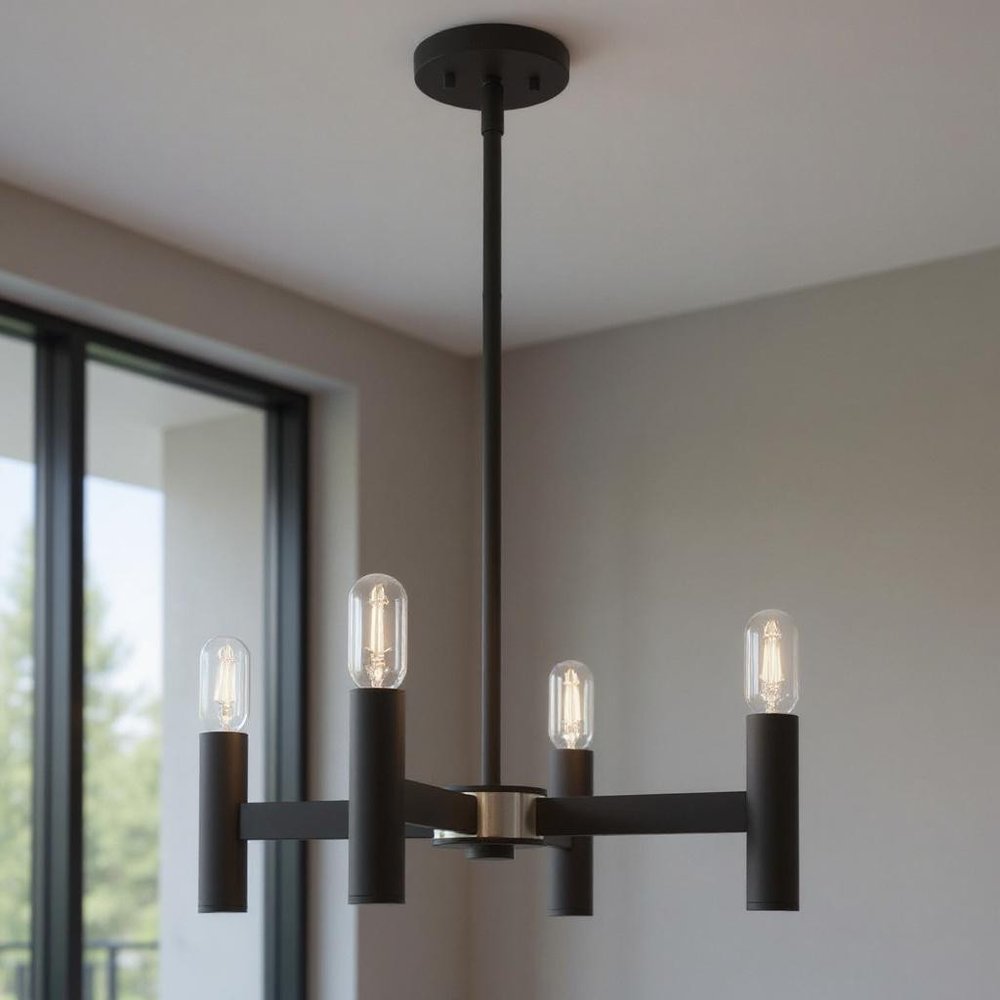 Black Four Light Metal Dimmable Chandelier With Shades