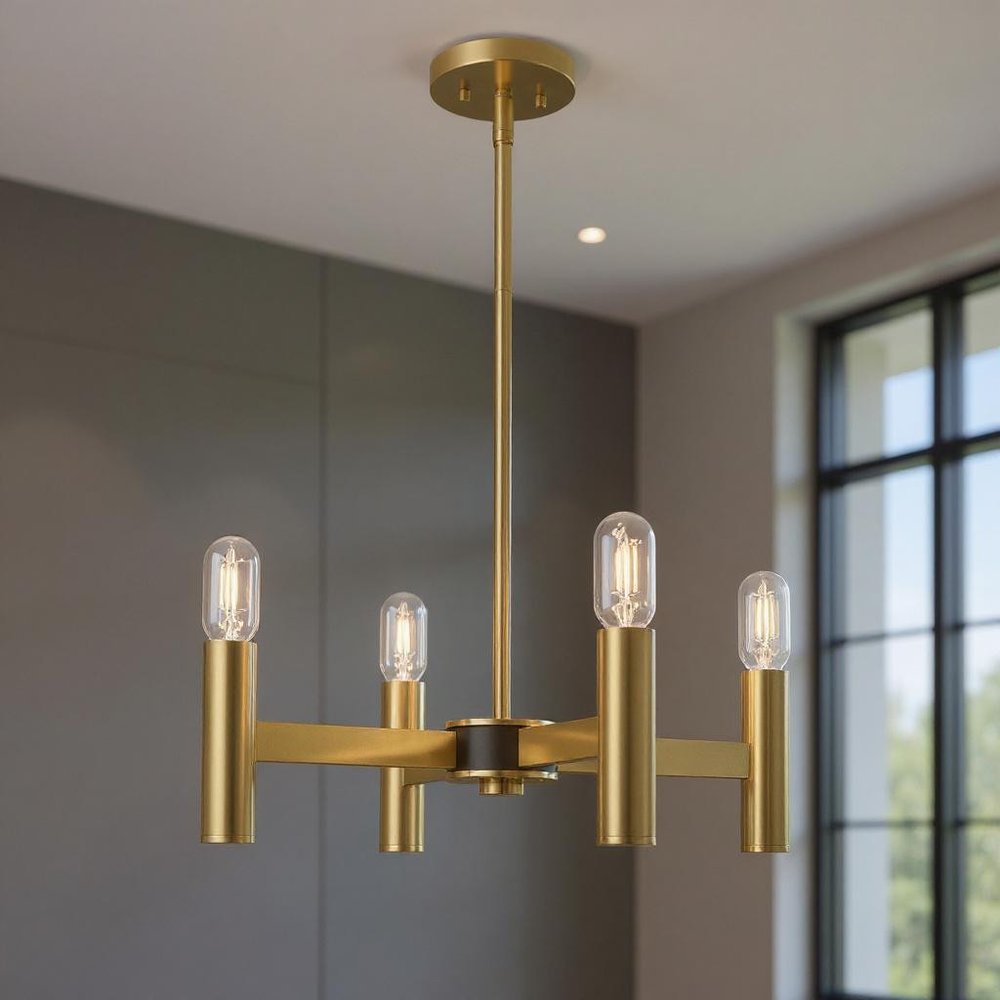 Brass Four Light Metal Dimmable Chandelier With Shades