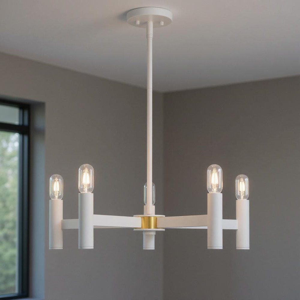 White Five Light Metal Dimmable Chandelier With Shades