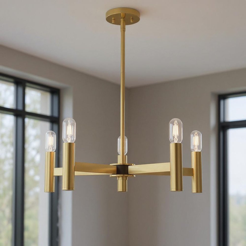 Brass Five Light Metal Dimmable Chandelier With Shades