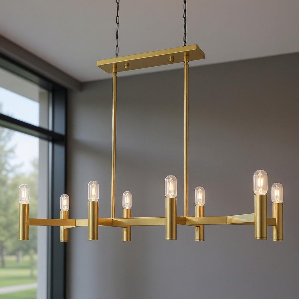 Brass Eight Light Metal Dimmable Chandelier With Shades