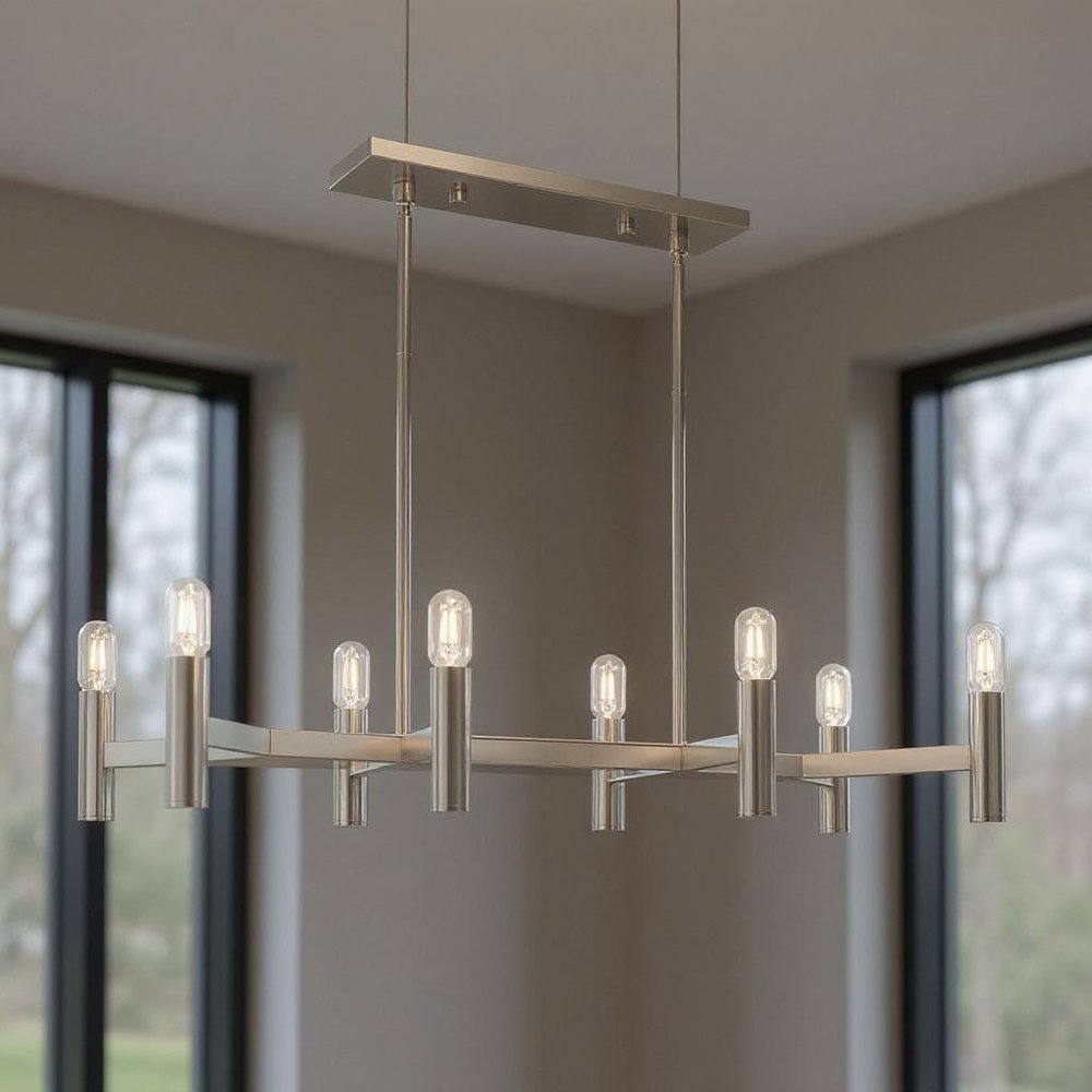 Nickel Eight Light Metal Dimmable Chandelier With Shades