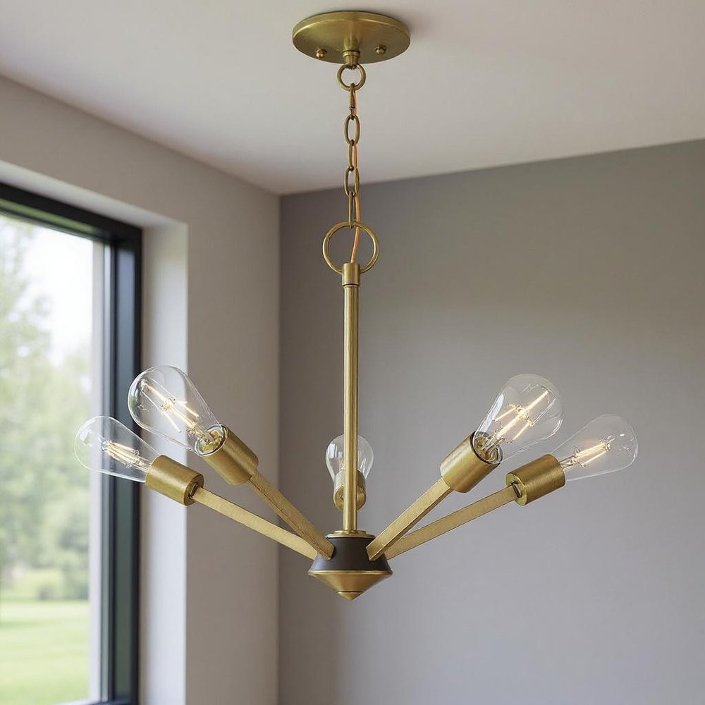 Antiqued Brass Five Light Metal Dimmable Chandelier With Shades