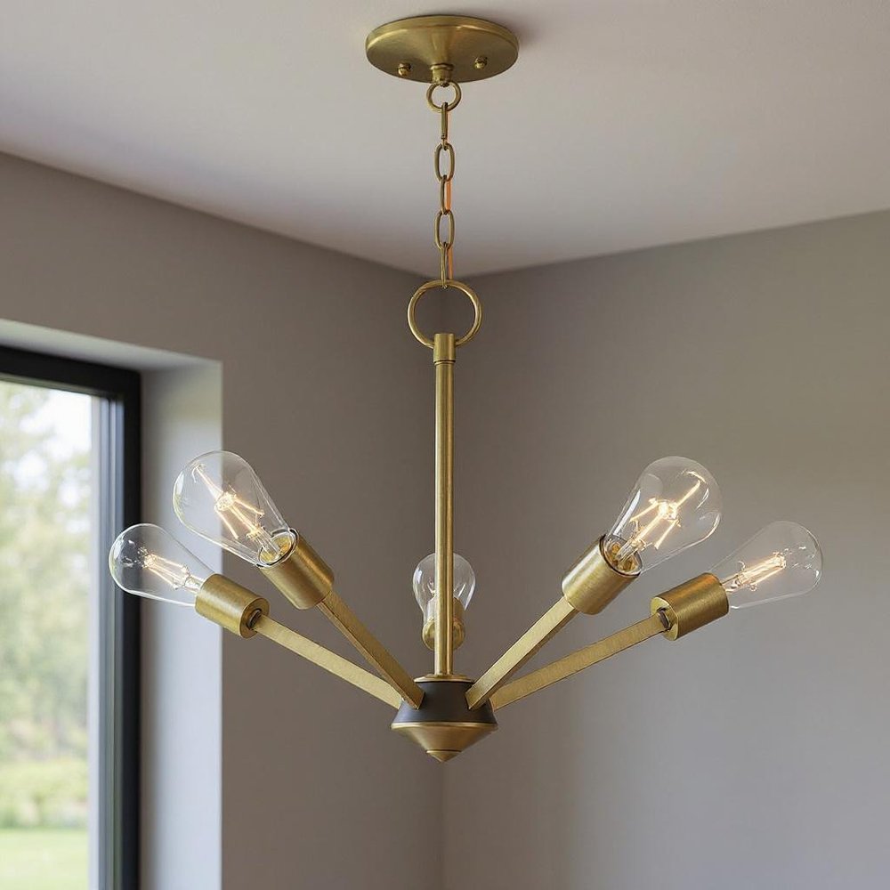Antiqued Brass Five Light Metal Dimmable Chandelier With Shades