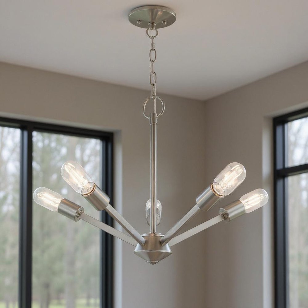 Nickel Five Light Metal Dimmable Chandelier With Shades