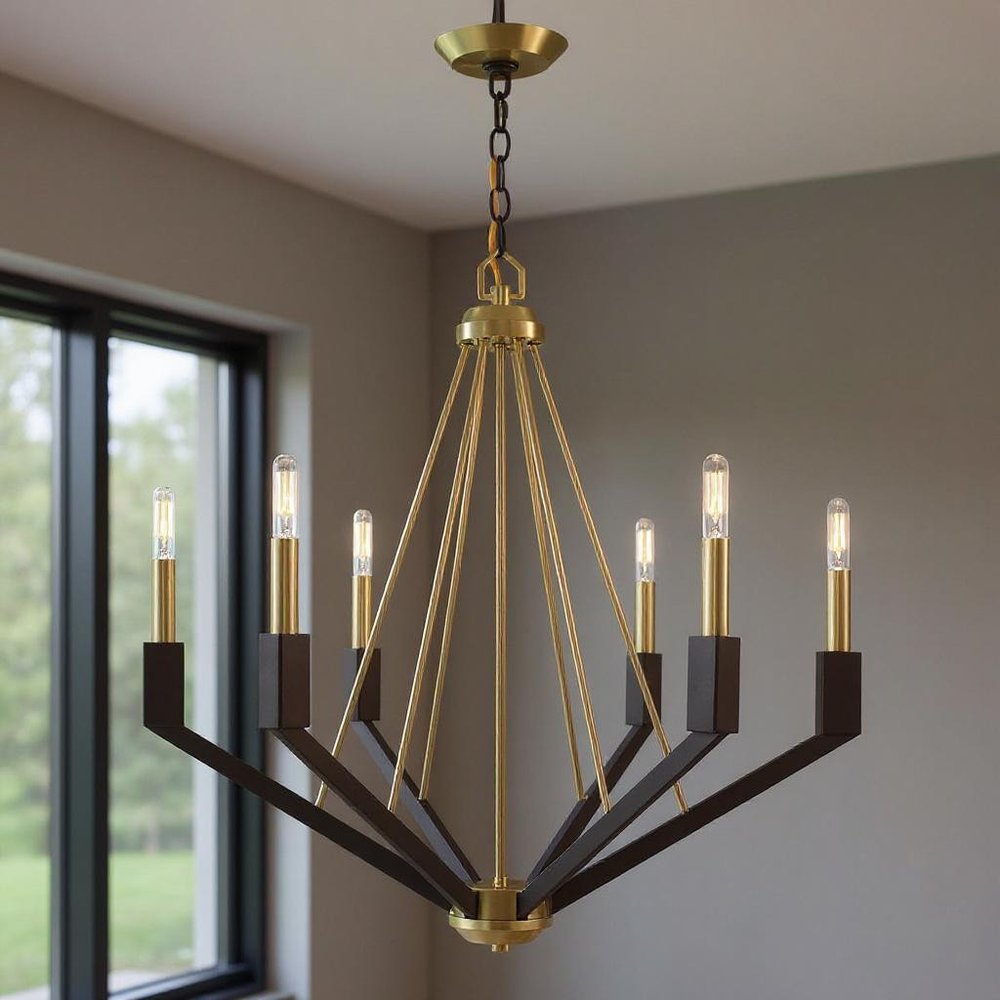 Bronze Six Light Metal Dimmable Chandelier With Shades