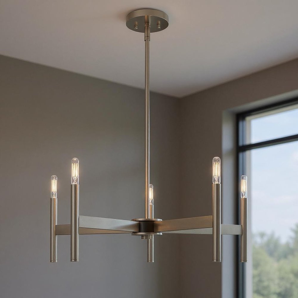 Nickel Five Light Metal Dimmable Chandelier With Shades