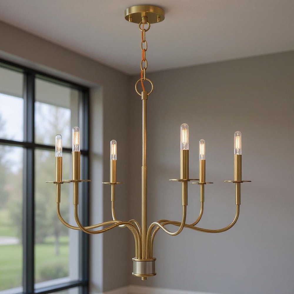 Brass Six Light Metal Dimmable Chandelier With Shades