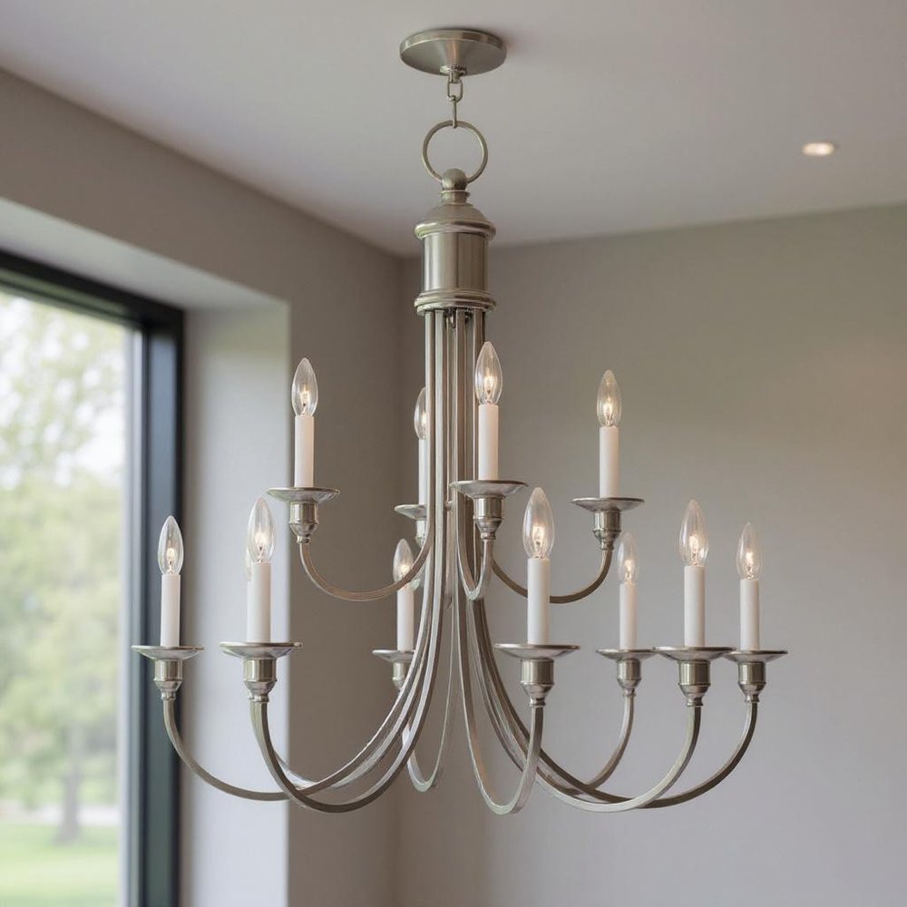 Nickel Twelve Light Metal Dimmable Chandelier With Shades