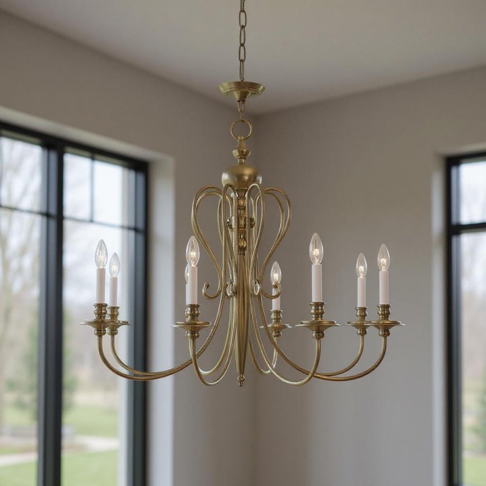 Antiqued Brass Eight Light Metal Dimmable Chandelier With Shades