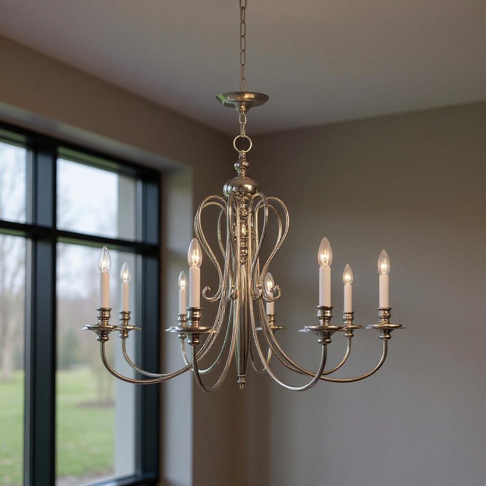 Nickel Eight Light Metal Dimmable Chandelier With Shades