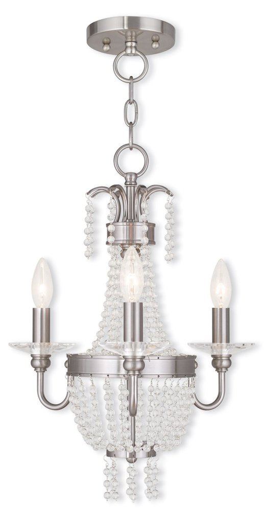 Nickel And Clear Three Light Metal Dimmable Chandelier With Shades