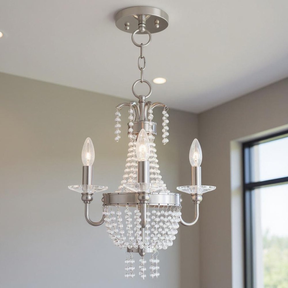 Nickel And Clear Three Light Metal Dimmable Chandelier With Shades