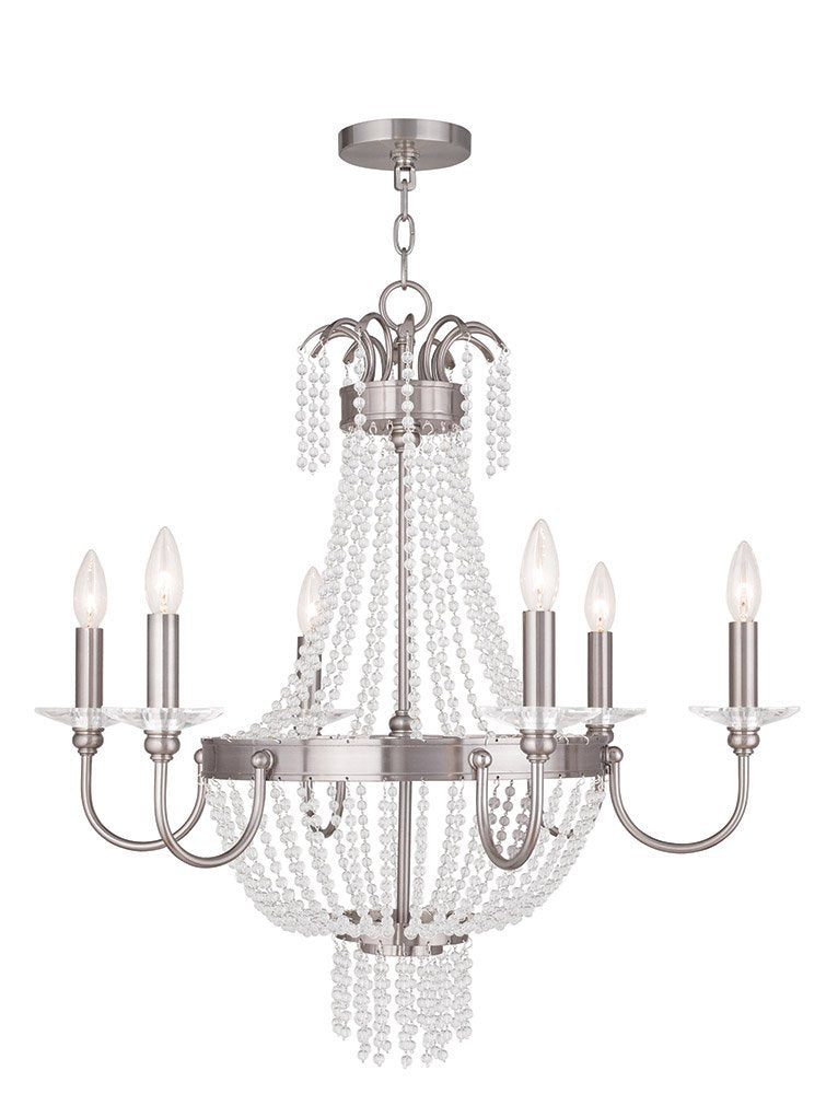 Nickel And Clear Six Light Metal Dimmable Chandelier With Shades